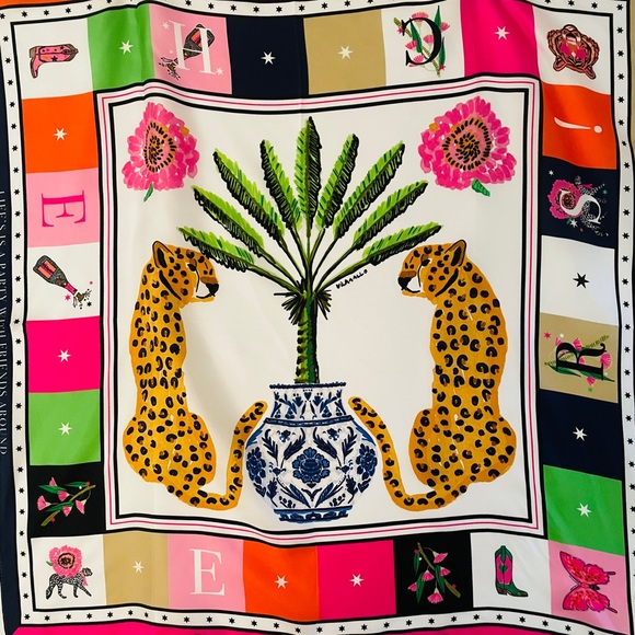 Vilagallo Accessories - Villa Gallo Colorful Leopard & Palm Silk Scarf with Floral Border